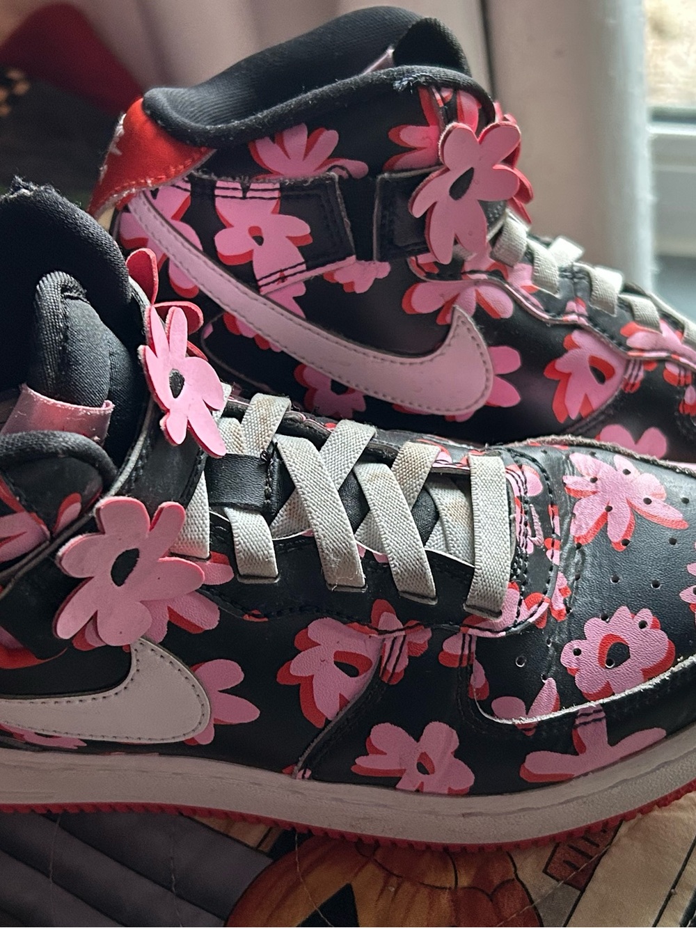 Nike Kids Black Sneakers with Pink Floral Accents